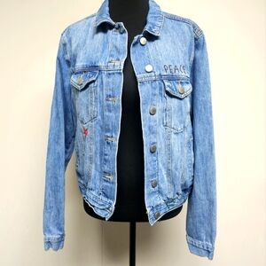 Forever 21 Denim Jean Jacket Hand Embroidery Peace Flowers Boho